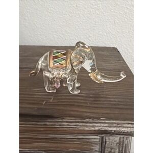 Spun Glass Elephant Figurine With Dangling Jewels Hand Painted Gold Accents
